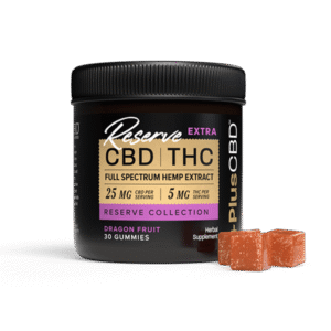PlusCBD, Reserve Extra 5mg THC + 25mg CBD Gummies, Dragon Fruit, Full Spectrum, 30ct, 150mg THC + 750mg CBD